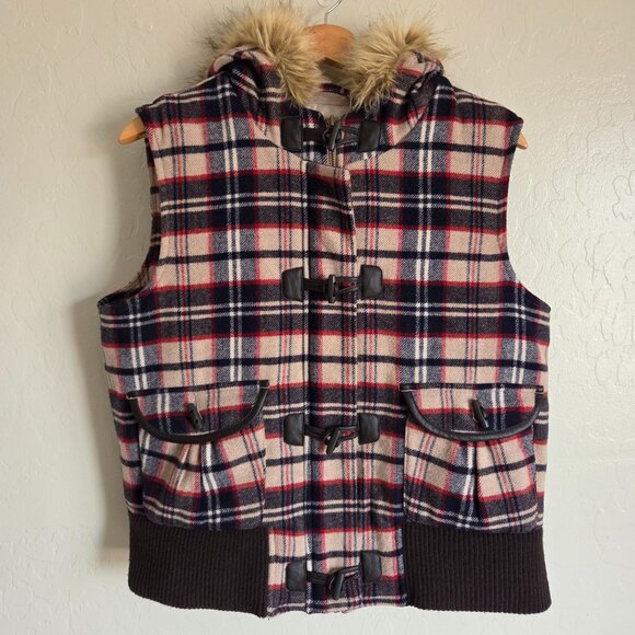 Old Navy Retro Plaid Toggle Wool Blend Vest Faux Fur Hood Multicolor Sz Womens L - Picture 1 of 11